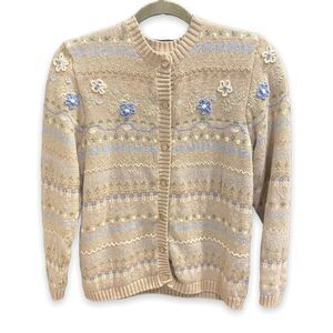 Cherokee Vintage Boho Cottagecore Embroidered Crochet Floral Button Up Sweater